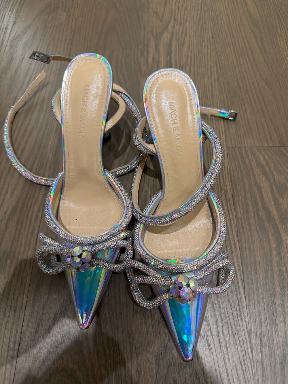 MACH & MACH Iridescent Crystal-Embellished Pointed Toe Heels - Silver